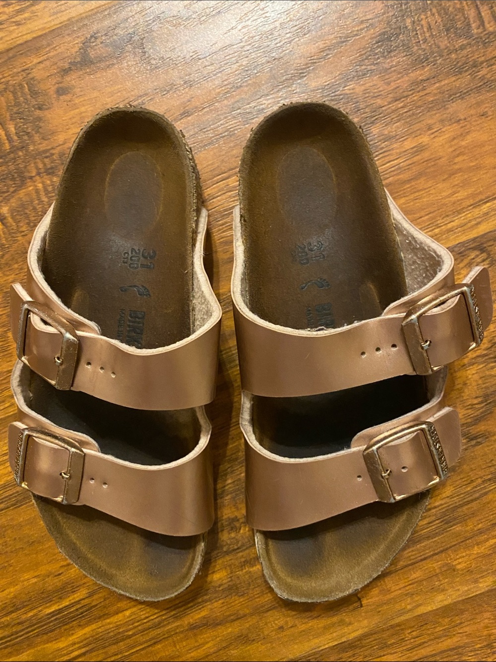 Birkenstock Kids Double-Buckle Slides in Electric Metallic Copper